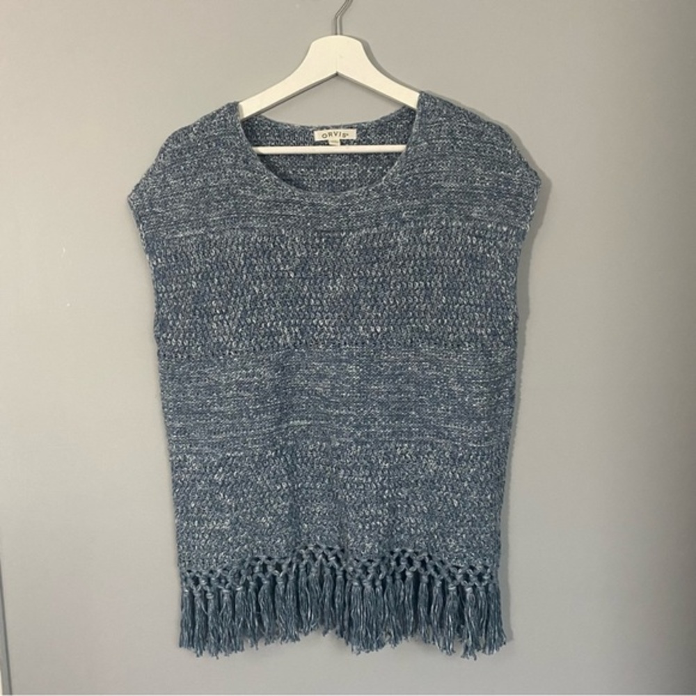 Orvis Pull over cotton sweater short-sleeve boho vibes tassels fringe on bottom